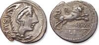 AR silver denarius 105 B.C. ROMAN REPUBLIC L. Thorius Balbus, Rome - control letter R on reverse - VF+ hints of irridescent toning