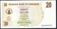 Zimbabwe 20 Dollars Reserve Bank of Zimbabwe -