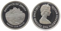Jersey 25 Pence Ag Elisabeth II, Silberjubiläum, etwas angelaufen -