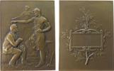 Frankreich Plakette o.J. Bronze Gegenseitigkeit - Mutualité, ein älterer Mann sitzt auf der linken Seite gegenüber einem Schmied - vereint durch ...