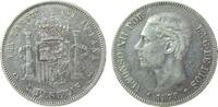 Spanien 5 Pesetas Ag Alfonso XII, EM-M -