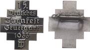 Sport Abzeichen 1933 Bronze versilbert Stuttgart - auf das 15. Deutsches Turnfest, unsigniert, ca. 32 x 36,5 MM, intakte Nadel vz