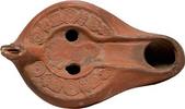 Roman North African Roman North African Terracotta Oil Lamp with Image of Crouching Lion -