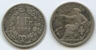 Schweiz Eidgenossenschaft 1 Franken Silber H0843 - RAR Seated Helvetia Confédération Suisse Helvétique Switzerland -