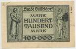 Deutsches Reich Weimar Hunderttausend Mark (100.000) Banknote Inflation GB686 - Stadt Düsseldorf - Notgeld Paper Money Germany -