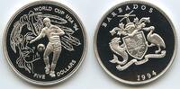 Barbados 5 Dollars Silber G0379 - Fussball WM 1994 World Cup Soccer USA United States Proof