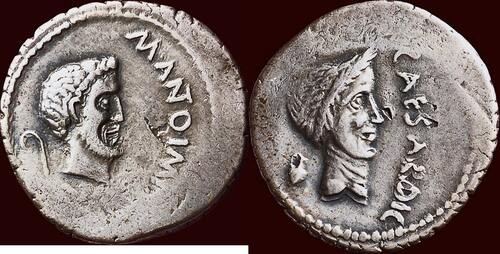 AR Denarius (november 43 BC) ROMAN REPUBLIC - MARCUS ANTONIUS & JULIUS CAESAR - mint in Gallia Cisal