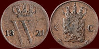 Koninkrijk der Nederlanden 1/2 Cent NEDERLAND (NETHERLANDS, KINGDOM) - WILLEM I, 1815-1840 - 1821, Utrecht -