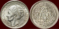Koninkrijk der Nederlanden 25 Cents NEDERLAND (NETHERLANDS, KINGDOM) - WILHELMINA, 1890-1948 - 1945 P, Philadelphia -