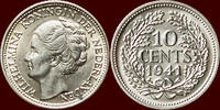 Koninkrijk der Nederlanden NEDERLAND (NETHERLANDS, KINGDOM) - WILHELMINA, 1890-1948 -   1941 P, Philadelphia 10 Cents 1941 P unz- /  unz
