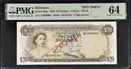 Bahamas 20 Dollars Specimen Very Scarce. -
