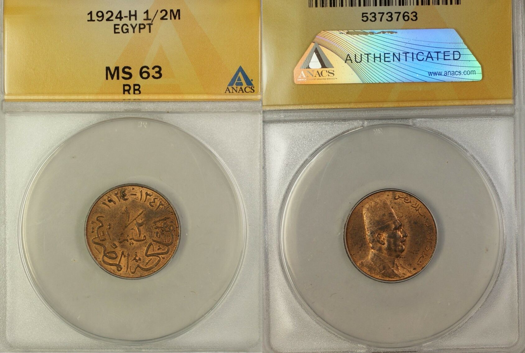 Weltmünzen Bronze 1924-H Egypt 1/2 Milleme UNC Coin ANACS MS-63 RB ...