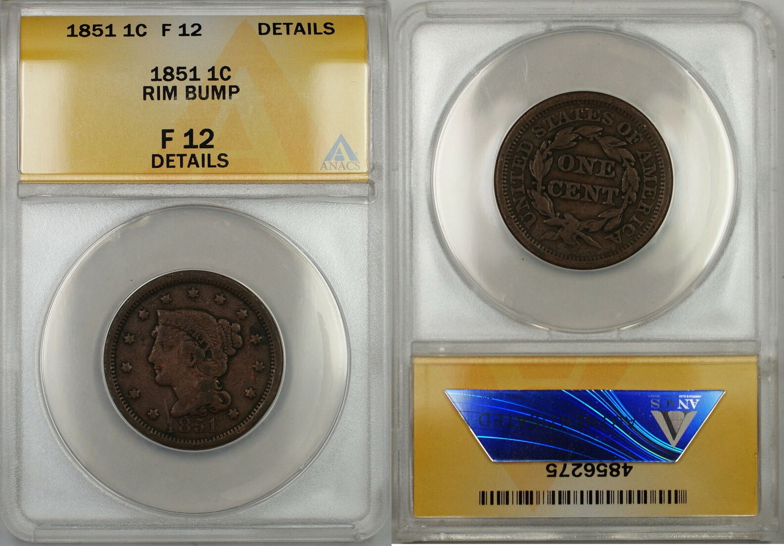 USA Large Cent 1851 Braided Hair 1c Coin ANACS F-12 Details Rim