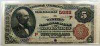 Banknoten $5 National Currency Western Bank San Francisco California CH# 5688- WW 1882 $ 1882 