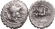 L. Porcius Licinus (118 BCE) AR Serratus Denar Roma-Kopf. Gallischer Krieger (Bituitus?) in Biga mit Speer und Carnyx -