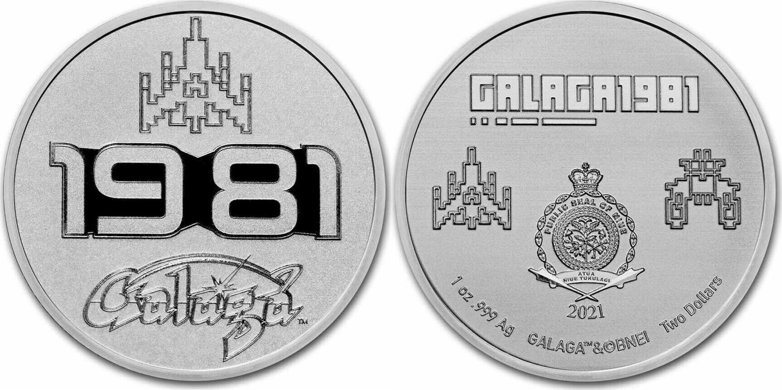 1981 2021 Galaga Video Game 1 Oz 999 Silver $2 Niue Coin 40th