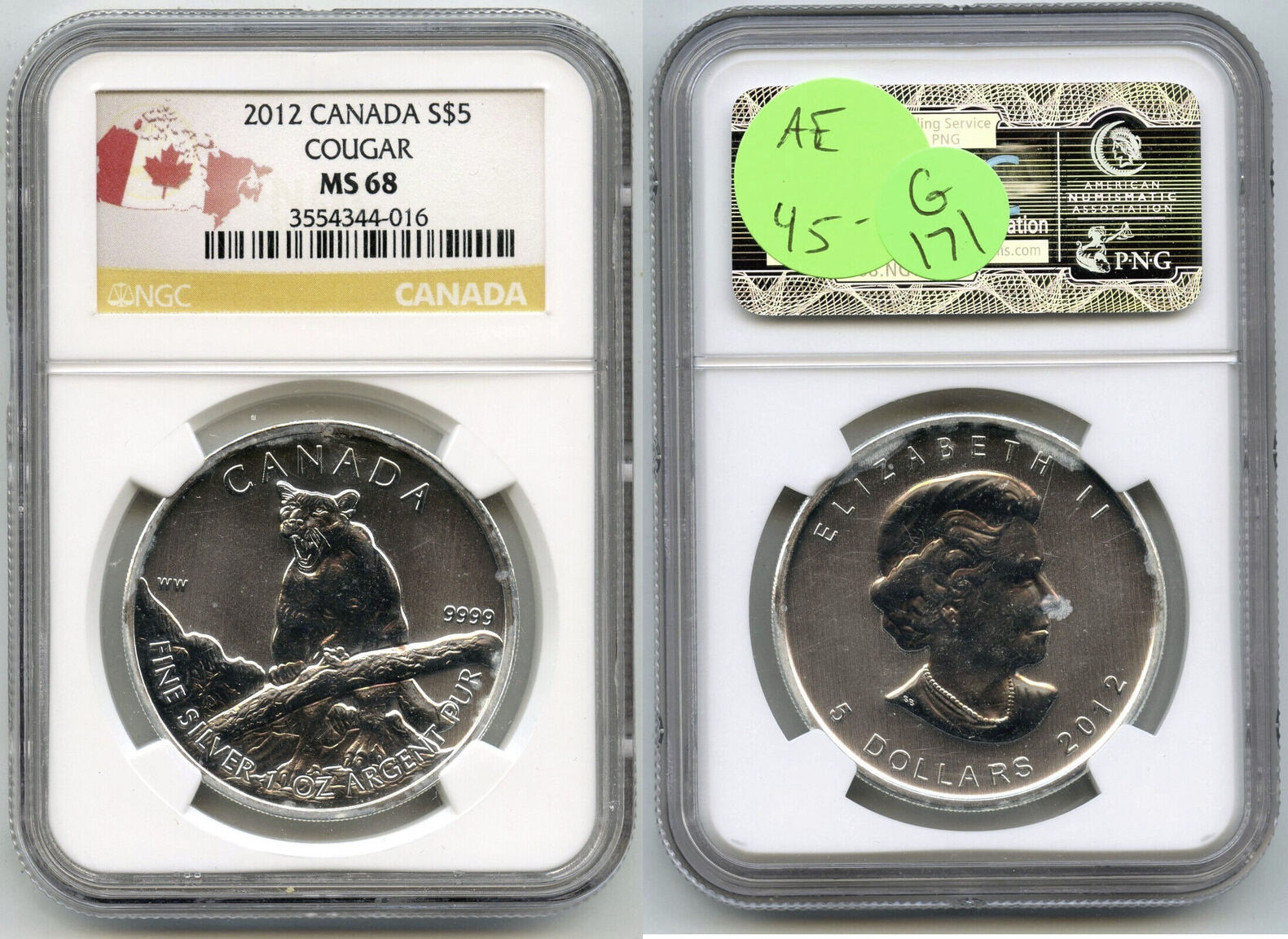 $5 Coin 2012 Canada Cougar 9999 Silver 1 oz NGC MS68 Certified