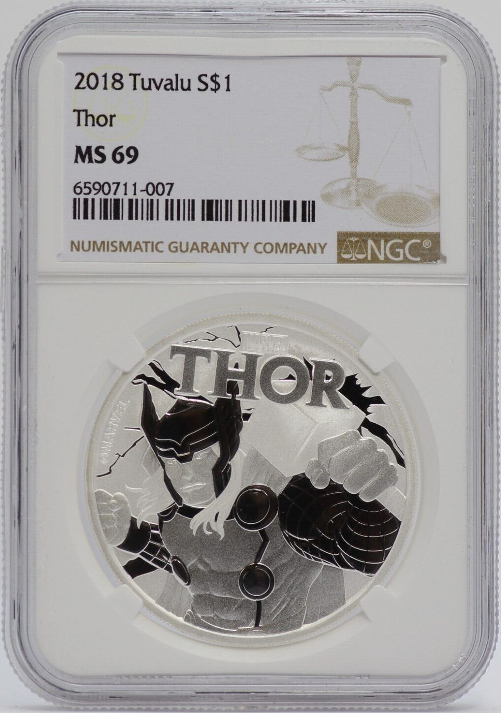 $1 Coin 2018 Thor 1 Oz Silver NGC MS69 Tuvalu MARVEL w/ Bag