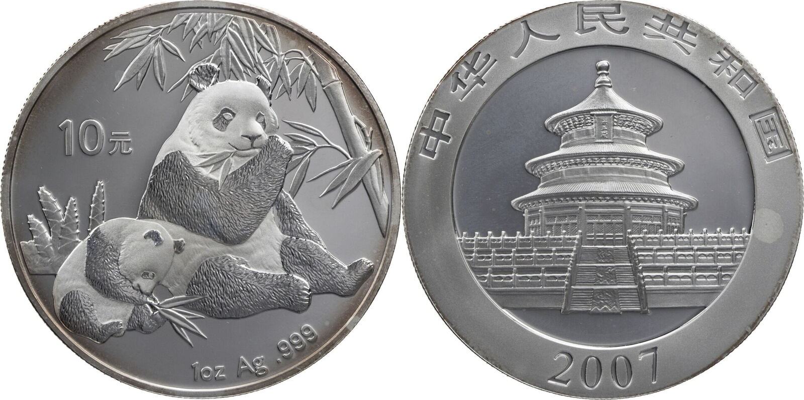 2007 China 10 Yuan Panda Silver Coin - 1oz .999 Fine Silver, Uncirculated