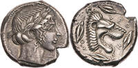 Sizilien Tetradrachme 450-430 v. Chr. Leontinoi, Kopf des Apollon / Löwenkopf schöne Tönung, Randschrötlingsfehler, VF-EF