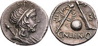 Römische Republik Denar Cn. Cornelius Lentulus Marcellinus, Genius Populi Romani / Zepter, Globus, Ruder -