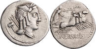 Römische Republik Denar L. Iulius Bursio, Büste einer pantheistischen Gottheit / Victoria in Quadriga -