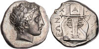 Makedonien, Chalkidische Liga Tetradrachme Olynth, Magistrat Leades, Kopf des Apollon / Kithara, R! -