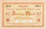 Biebrich 20 Mark Gutschein der Kalle & Co. Aktiengesellschaft - blanko -