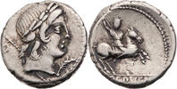 Römische Republik Denar P. Crepusius, Kopf des Apollo / Reiter mit Lanze -