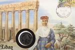 Libanon 1 Livre auf Numisbrief Numisbrief Libanon - Frau vor Zedern - Baum - Ruine - Tempel von Baalbek -
