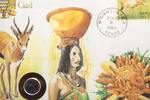 Tschad 1 Franc auf Numisbrief Numisbrief - Tschad - Gazelle - Person mit Ware auf dem Kopf - Pflanze -