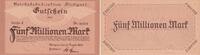 Weimarer Republik 5 Millionen Mark Banknote - Deutsche Reichsbahn - Stuttgart - 5 Millionen Mark - Reihe 2 -