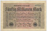 Deutsches Reich Inflation 1919-1924 50 Millionen Mark Rosenberg Nr. 108f – Papier weiß WZ Hakensterne KN dunkelblau mit FZ AE schwarz -