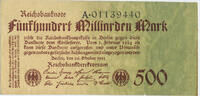 Deutsches Reich Inflation 1919-1924 500 Milliarden Mark Rosenberg Nr. 124b – Reichsdruck KN 8stellig Serie A -