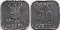 Rheinprovinz Mülheim a. d. Ruhr - Eisen 1920 (Funck 344.5f) Durchmesser 19,00 mm 50 Pfennig 1920 vorzüglich+