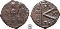 Iustinus II (565-578) Halbfollis (20 Nummi) Thessalonica, Iustin und Kaiserin Sophia / Wertzeichen, mit Θ(eo)C, -
