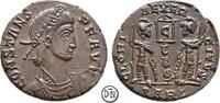 Constans (337-350) Follis Arelate, Büste / Zwei Soldaten und Standarte, feines Portrait, -