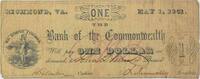 US $1 1861 Bank of the Commonwealth Richmond V1960-05 VG Uncertified -