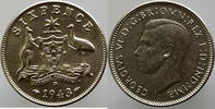 AUSTRALIA 6 PENCE, SIX PENCE AUSTRALIA 1943-D 6 PENCE, SIX PENCE GEORG VI SILVER VF KM#38 -