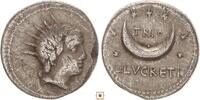Roman Republic AR denarius L. Lucretius Trio, Head of Sol / Crescent surrounded by seven stars -