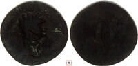 Roman Empire AE sestertius Domitian holding thunderbolt and sceptre, crowning victory standing to right -