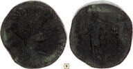 Roman Empire AE sestertius Caracalla in military dress trophy behind -
