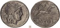 Roman Republic AR denarius L. Rutilius Flaccus, Head of Roma / Victory in Biga -