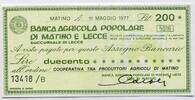 Italien 200 Lire ~ Banca Agricola Popolare di Matino e Lecce ~ -