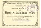 Pfalz 100 Mio. Mark 25.9.1923 Kusel,Karl Friedrich Ehrenspeck G.m.b.H., unz 48,00 EUR  Excl. 9,50 EUR Verzending