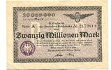 Rheinland 20 Mio. Mark 2.9.1923 Reichsbahn K&ouml;ln, II-III 15,00 EUR  Excl. 9,50 EUR Verzending
