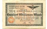 Rheinland 100 Mio. Mark 25.9.1923 Reichsbahn K&ouml;ln, III 15,00 EUR  Excl. 9,50 EUR Verzending