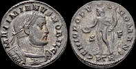 Roman follis Galerius , as Caesar AE silvered follis Genius standing front -