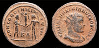 Roman radiate follis Galerius AE radiate follis emperor receiving Victory on globe from Jupiter -