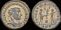 Roman radiatus Galerius, as Caesar AE radiatus Prince receiving Victory on globe -